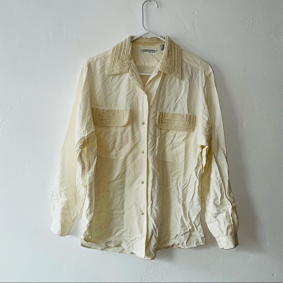 Vintage Pearl Embellished Long Sleeve Button Down Blouse - Picture 4 of 8